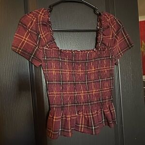 Women's Smocked Plaid Peplum Top - Burgundy